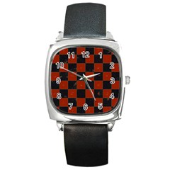 Red And Black Checkered Grunge  Square Metal Watch by SpinnyChairDesigns