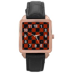 Red And Black Checkered Grunge  Rose Gold Leather Watch  by SpinnyChairDesigns