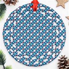 Country Blue Checks Pattern Round Filigree Ornament (two Sides) by SpinnyChairDesigns