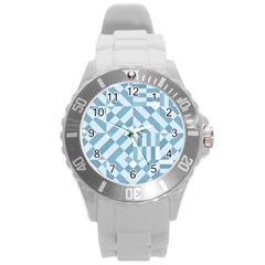 Truchet Tiles Blue White Round Plastic Sport Watch (L)