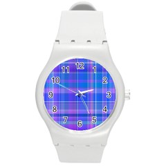 Madras Plaid Blue Purple Round Plastic Sport Watch (m) by SpinnyChairDesigns