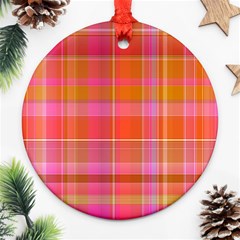 Pink Orange Madras Plaid Ornament (round) by SpinnyChairDesigns