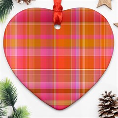 Pink Orange Madras Plaid Ornament (heart) by SpinnyChairDesigns