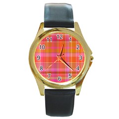 Pink Orange Madras Plaid Round Gold Metal Watch by SpinnyChairDesigns