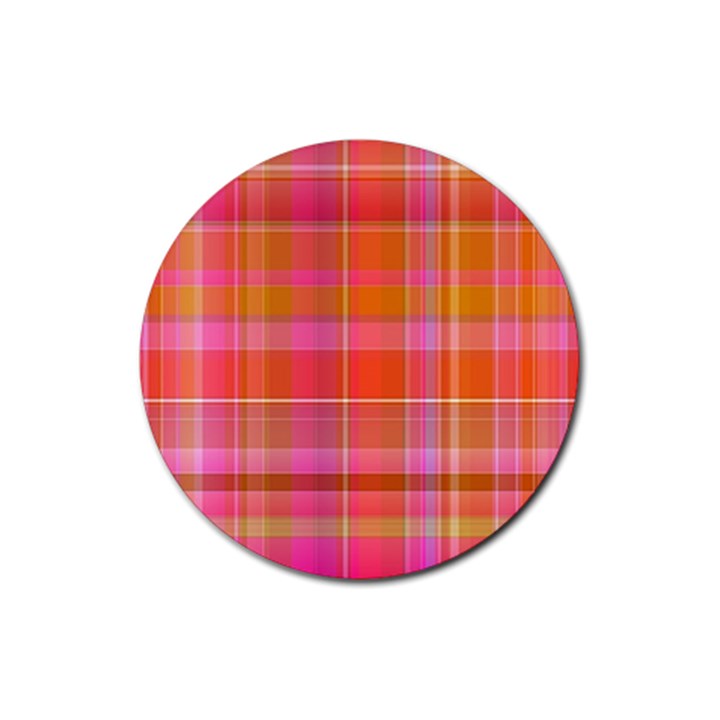 Pink Orange Madras Plaid Rubber Coaster (Round) 