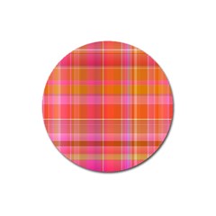 Pink Orange Madras Plaid Magnet 3  (round) by SpinnyChairDesigns