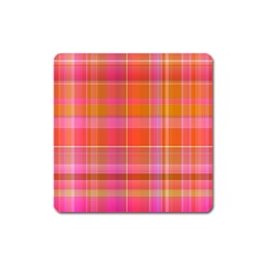 Pink Orange Madras Plaid Square Magnet by SpinnyChairDesigns