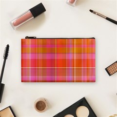 Pink Orange Madras Plaid Cosmetic Bag (small) by SpinnyChairDesigns