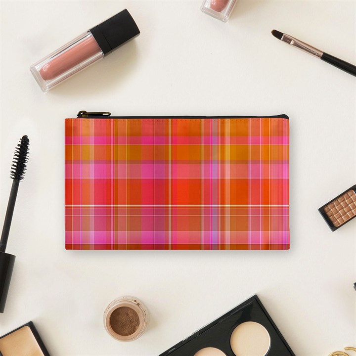 Pink Orange Madras Plaid Cosmetic Bag (Small)