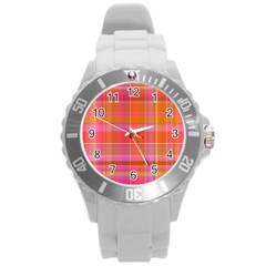 Pink Orange Madras Plaid Round Plastic Sport Watch (l) by SpinnyChairDesigns