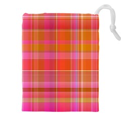 Pink Orange Madras Plaid Drawstring Pouch (5xl) by SpinnyChairDesigns