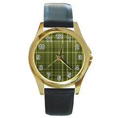 Green Madras Plaid Round Gold Metal Watch by SpinnyChairDesigns