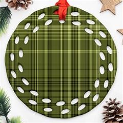 Green Madras Plaid Ornament (round Filigree) by SpinnyChairDesigns