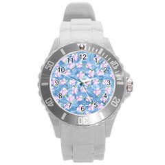 Watercolor Violets Round Plastic Sport Watch (l) by SpinnyChairDesigns