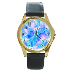 Ciclamen Flowers Blue Round Gold Metal Watch