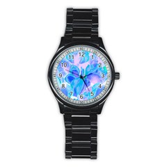 Ciclamen Flowers Blue Stainless Steel Round Watch by DinkovaArt