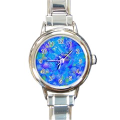 Blue Abstract Floral Paint Brush Strokes Round Italian Charm Watch by SpinnyChairDesigns