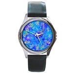 Blue Abstract Floral Paint Brush Strokes Round Metal Watch Front