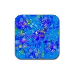 Blue Abstract Floral Paint Brush Strokes Rubber Coaster (square)  by SpinnyChairDesigns