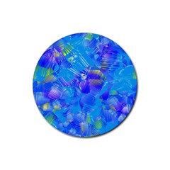 Blue Abstract Floral Paint Brush Strokes Rubber Coaster (round)  by SpinnyChairDesigns