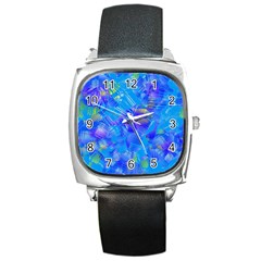 Blue Abstract Floral Paint Brush Strokes Square Metal Watch by SpinnyChairDesigns