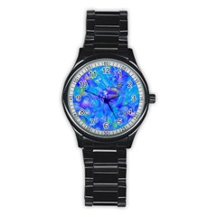 Blue Abstract Floral Paint Brush Strokes Stainless Steel Round Watch by SpinnyChairDesigns