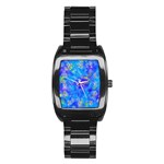 Blue Abstract Floral Paint Brush Strokes Stainless Steel Barrel Watch Front