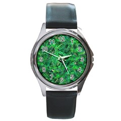 Jungle Green Abstract Art Round Metal Watch by SpinnyChairDesigns