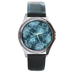 Teal Turquoise Abstract Art Round Metal Watch by SpinnyChairDesigns