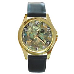 Earth Colors Abstract Art Round Gold Metal Watch by SpinnyChairDesigns