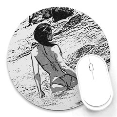 Beauty At The Beach, Bikini Girl Bathing In Bay Round Mousepads by Casemiro