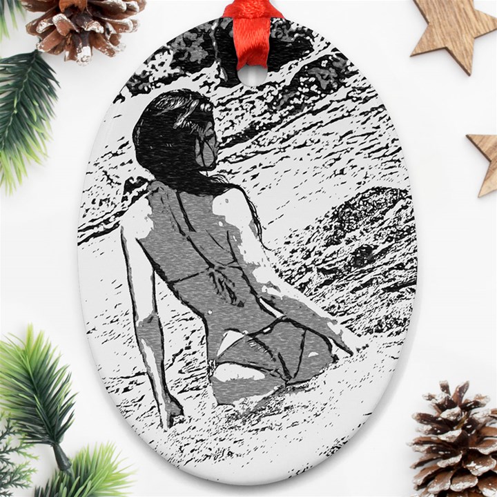 Beauty at the beach, bikini girl bathing in bay Oval Ornament (Two Sides)