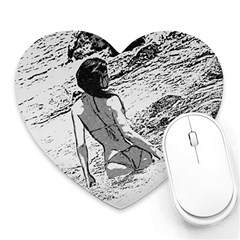 Beauty At The Beach, Bikini Girl Bathing In Bay Heart Mousepads by Casemiro