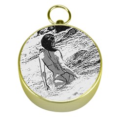 Beauty At The Beach, Bikini Girl Bathing In Bay Gold Compasses by Casemiro