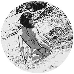 Beauty At The Beach, Bikini Girl Bathing In Bay Wooden Puzzle Round by Casemiro