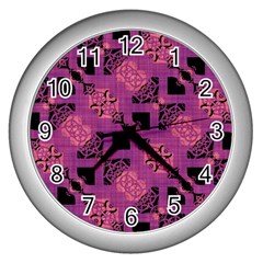 Fuchsia Black Abstract Checkered Stripes  Wall Clock (Silver)