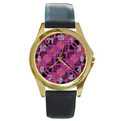 Fuchsia Black Abstract Checkered Stripes  Round Gold Metal Watch