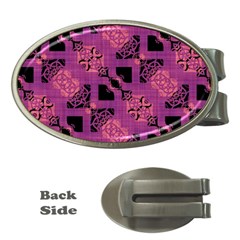 Fuchsia Black Abstract Checkered Stripes  Money Clips (oval)  by SpinnyChairDesigns