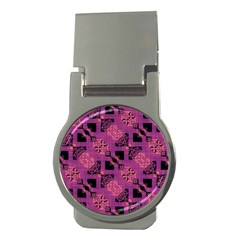 Fuchsia Black Abstract Checkered Stripes  Money Clips (Round) 