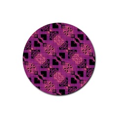 Fuchsia Black Abstract Checkered Stripes  Rubber Round Coaster (4 Pack)  by SpinnyChairDesigns