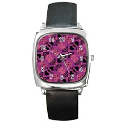 Fuchsia Black Abstract Checkered Stripes  Square Metal Watch