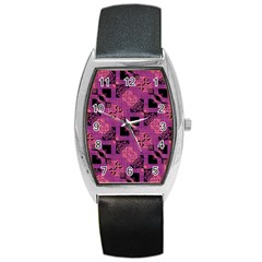 Fuchsia Black Abstract Checkered Stripes  Barrel Style Metal Watch