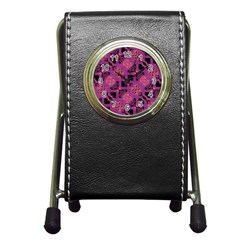 Fuchsia Black Abstract Checkered Stripes  Pen Holder Desk Clock