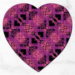 Fuchsia Black Abstract Checkered Stripes  Jigsaw Puzzle (heart) by SpinnyChairDesigns