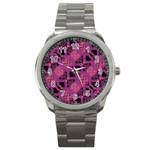 Fuchsia Black Abstract Checkered Stripes  Sport Metal Watch Front