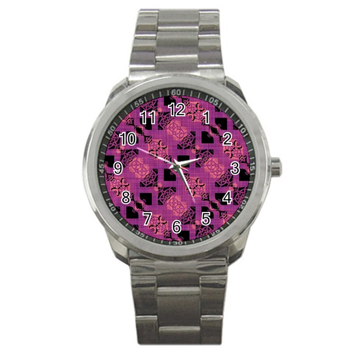 Fuchsia Black Abstract Checkered Stripes  Sport Metal Watch