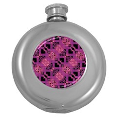 Fuchsia Black Abstract Checkered Stripes  Round Hip Flask (5 oz)