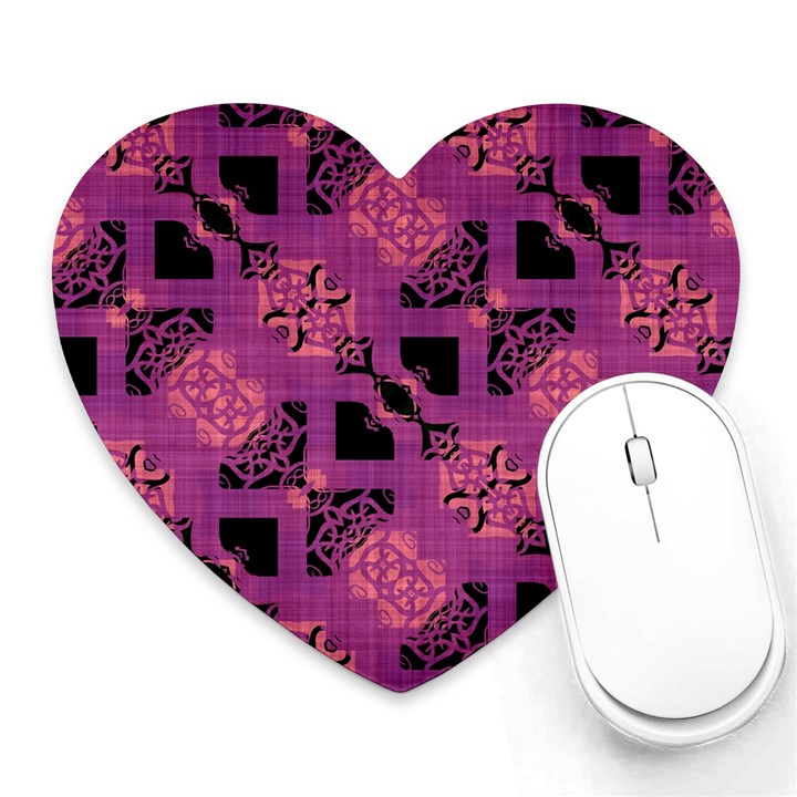 Fuchsia Black Abstract Checkered Stripes  Heart Mousepads