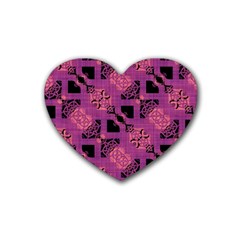 Fuchsia Black Abstract Checkered Stripes  Rubber Coaster (Heart) 