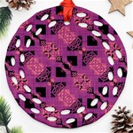 Fuchsia Black Abstract Checkered Stripes  Ornament (Round Filigree) Front